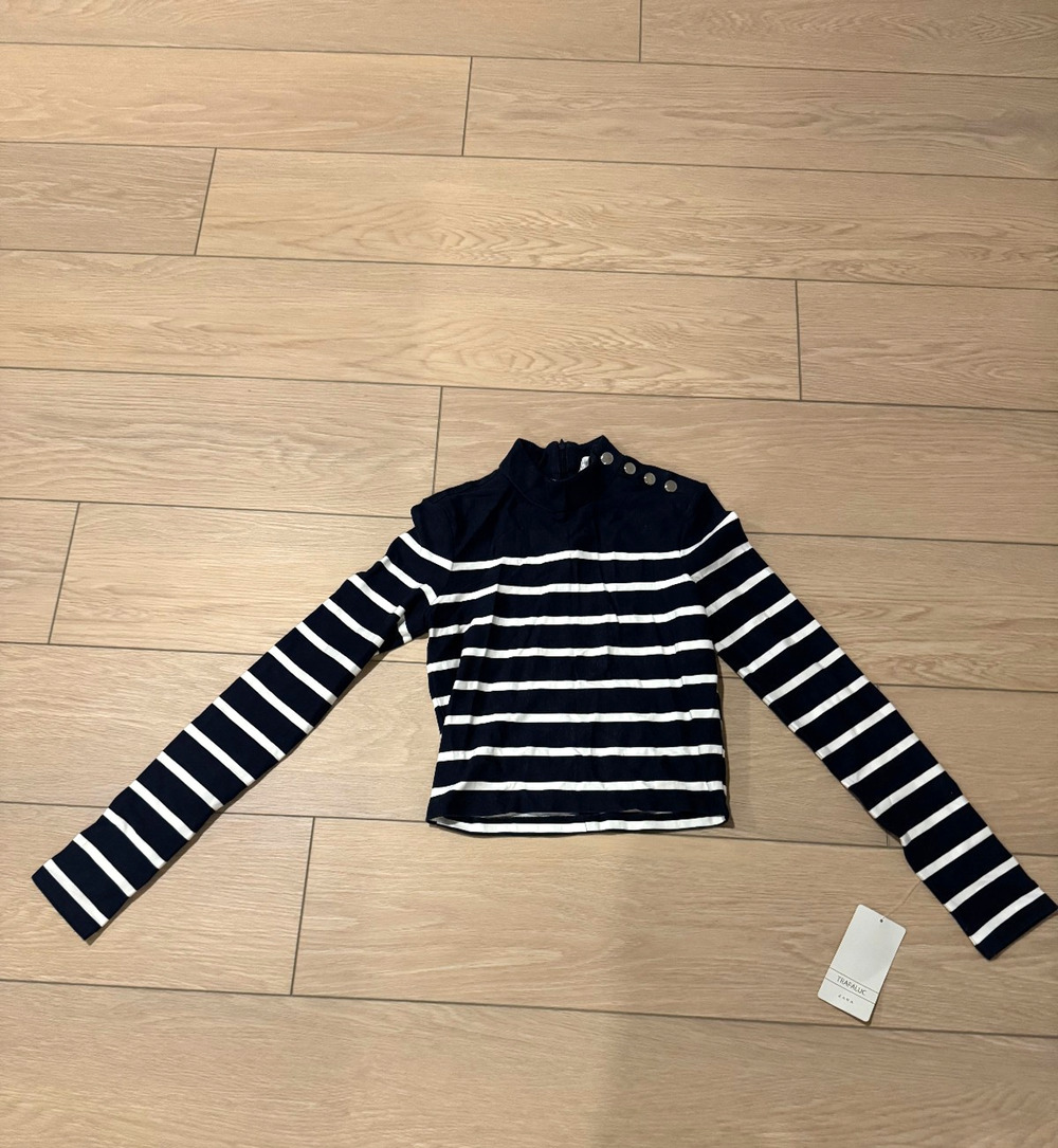 Zara Trafaluc Striped Crop Sweater Pullover Long Sleeve Mock Neck Size S Small